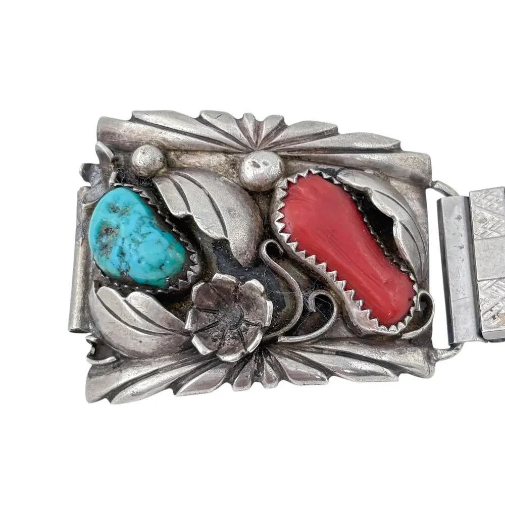 Vintage Southwest Sterling Silver 925 Turquoise Coral Watch Tips 6